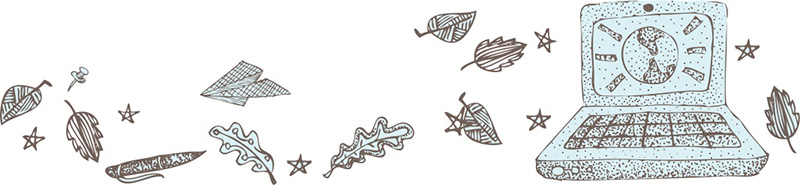 Illustration with computer, leaves and more