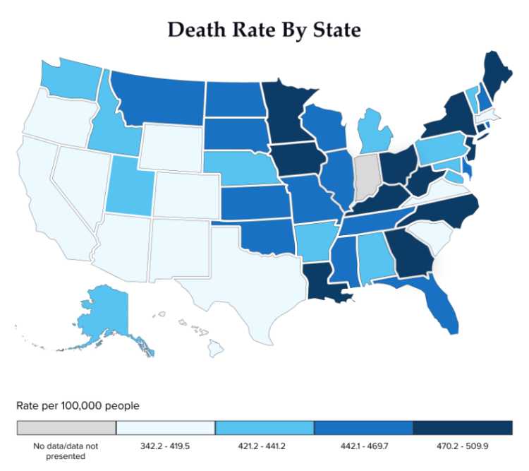 Mesothelioma death rates by state map